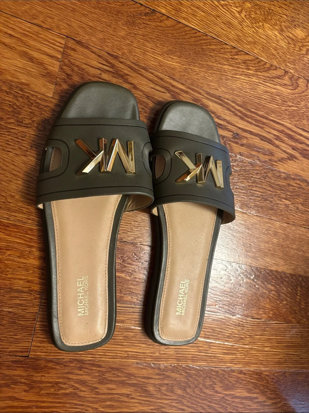 Michael Kors Olive Green Slide Sandals with Gold MK Logo